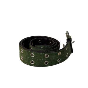 Green Leather Grommet Belt By Express  Adjustable Double Prong Buckle  Made In U